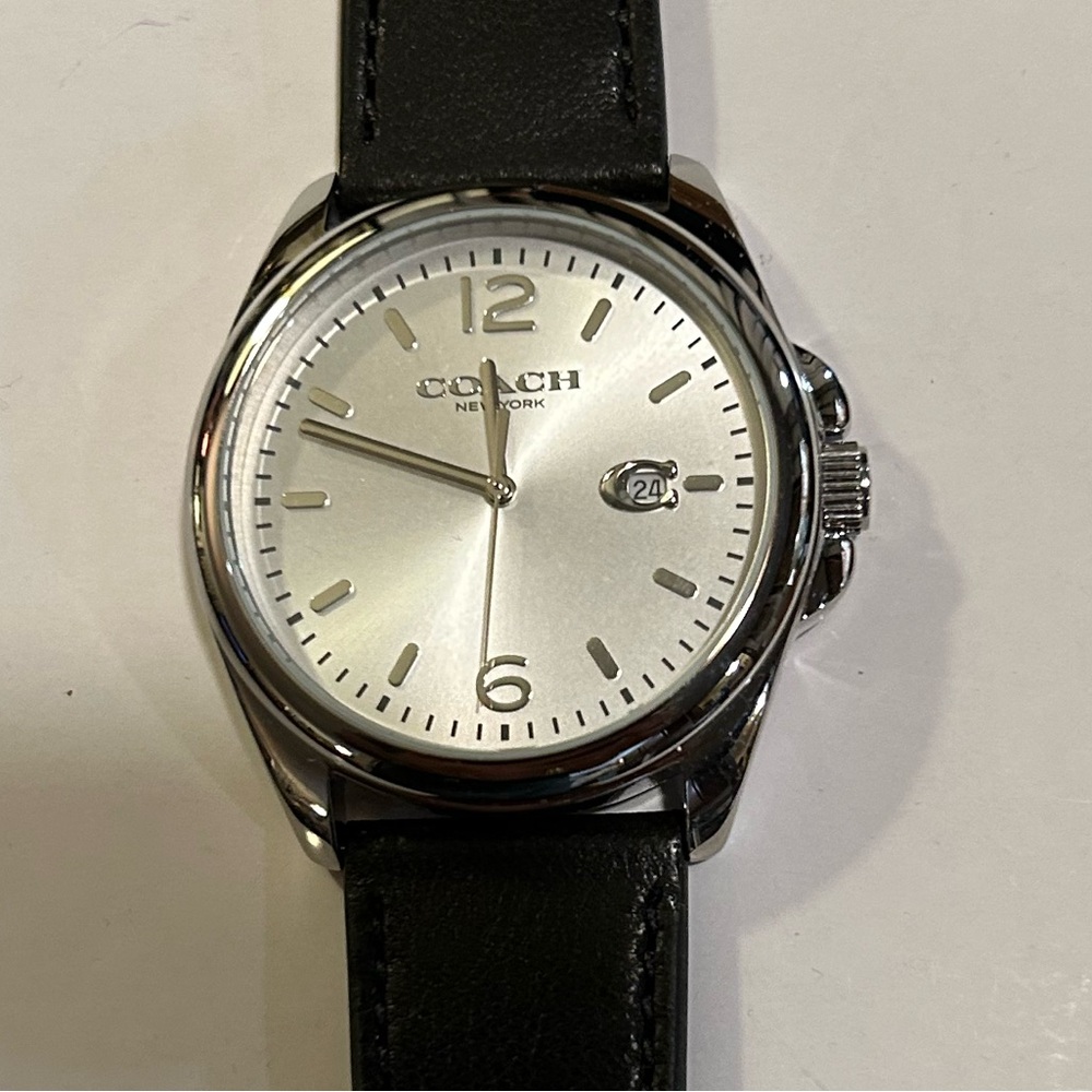 Coach Greyson Watch With 41mm Silver Face & Black Leather Band